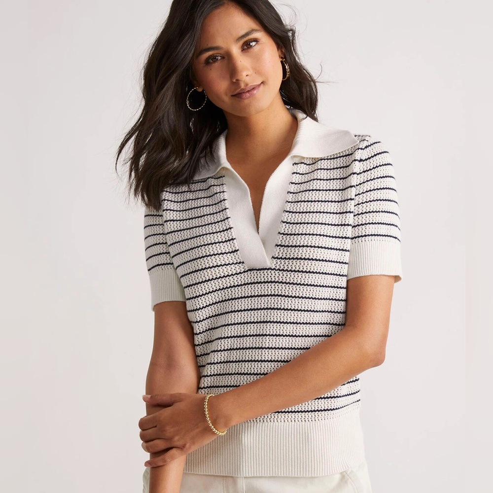 Crochet Stitch Short Sleeve Polo Sweater - Marshmallow